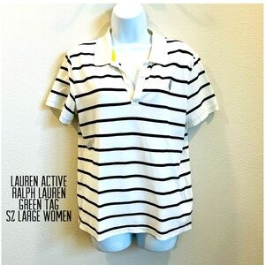 Lauren Ralph Lauren women active polo top white blue stripe short sleeve Sz L